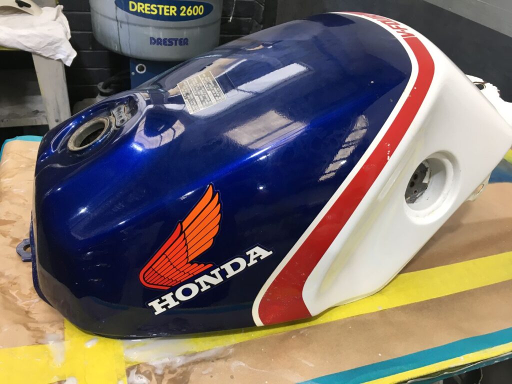 Honda VFR motorcycle fuel tank before respray