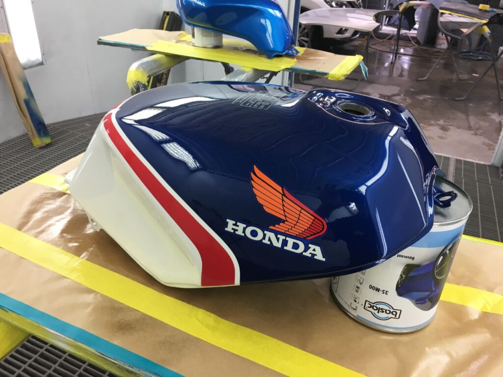 Honda VFR fuel tank respray in the spray booth