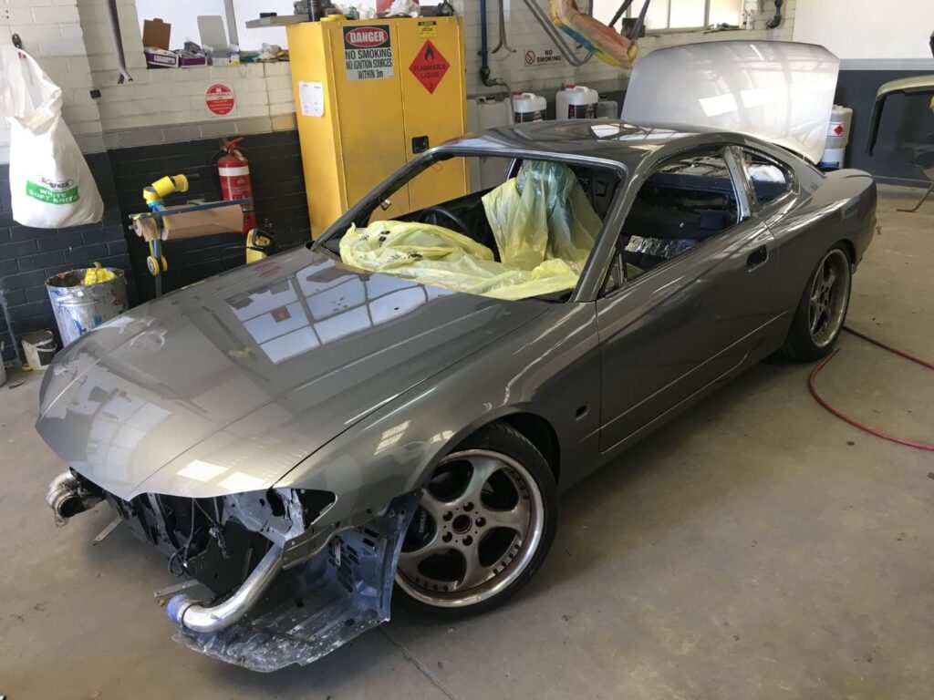 Nissan Silvia S15 with front-end collision damage before repair